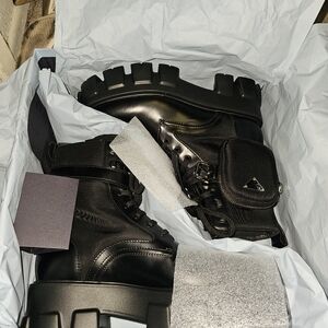 Prada Black Leather Combat Boots with Detachable Pouch
